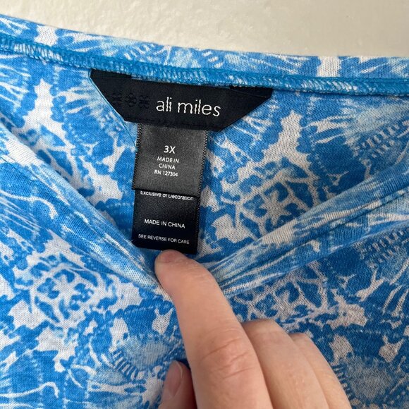 Ali Miles Womens Blue Geometric Linen Blend Eyelet Sleeve Tunic Top 3X - Picture 12 of 13